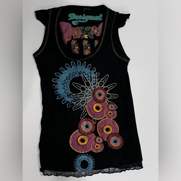 Desigual Tops - DESIGUAL Black Lace Colorful Flower Tank Top. Size Small